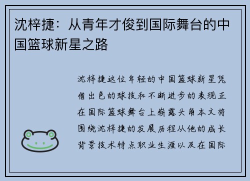 沈梓捷：从青年才俊到国际舞台的中国篮球新星之路
